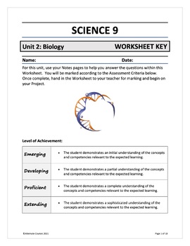 Preview of Science 9 Unit 2: Biology WORKSHEET KEY (digital)