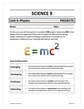 Preview of Science 9 Unit 4: Physics PROJECTS (digital)