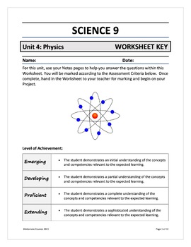 Preview of Science 9 Unit 4: Physics WORKSHEET KEY (digital)