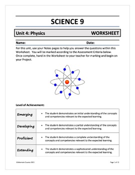 Preview of Science 9 Unit 4: Physics WORKSHEET (digital)