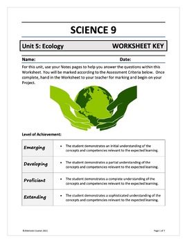 Preview of Science 9 Unit 5: Ecology WORKSHEET KEY (digital)