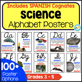 Preview of Science Alphabet Posters Vocabulary Classroom Decor with Spanish Cognates