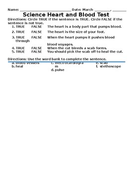 Preview of Science Assessment/Test--Heart and Blood