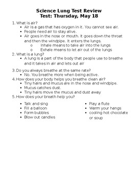 Preview of Science Assessment Test Review--Lungs