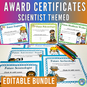 Preview of End Of Year Award Certificate Template Bundle | Science Themed | EDITABLE