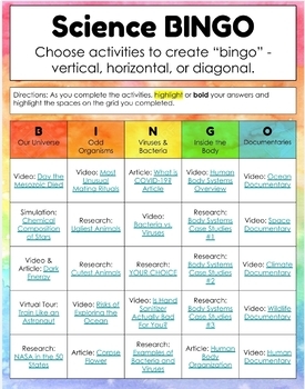 Preview of Science BINGO Choice Board HyperDoc - Distance Learning