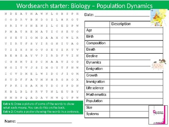 Science Biology Population Dynamics Wordsearch Crossword Anagrams Keywords