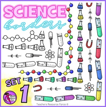 Preview of Science Borders: flasks, test tubes, physics symbols and chemistry molecules
