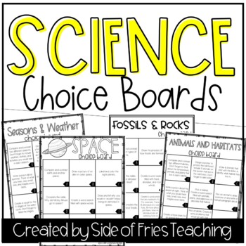Preview of Science Printables Space, Weather, Fossils, and Habitats Choice Boards BUNDLE