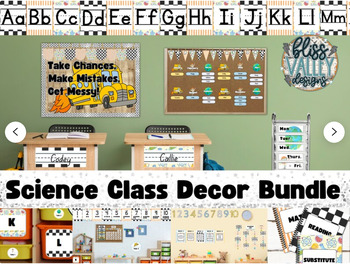 Preview of EDITABLE Science Class Décor Bundle | School Classroom Theme | Black and White