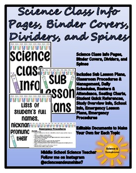 Preview of Science Class Information / Sub Pages, Binder Covers, Dividers, & Spines Black
