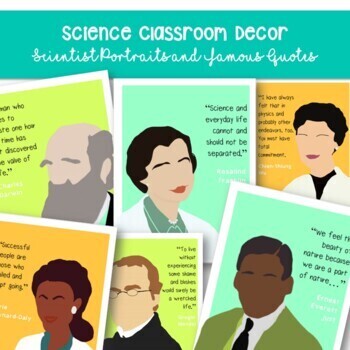 Preview of Science Classroom Decor - Famous Scientists Portraits + Quotes Posters