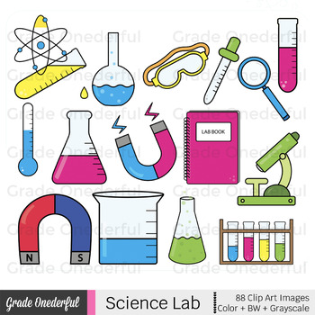 Realistic Science Clip Art: Beakers Flasks Microscopes Magnifying Glasses
