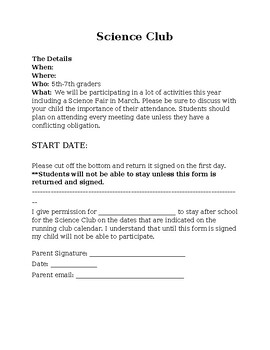 Preview of Science Club Permission Slip