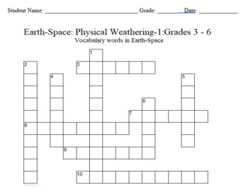 Preview of Science Crossword Puzzle: 3 to 6 Grades – Earth-Space - Physical Weathering - 1