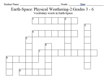 Preview of Science Crossword Puzzle: 3 to 6 Grades – Earth-Space - Physical Weathering - 2
