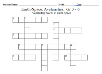 Preview of Science Crossword Puzzle: 3 to 6 Grades – Earth-Space Science - Avalanches