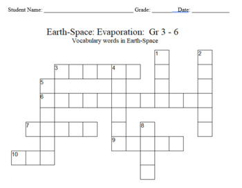 Preview of Science Crossword Puzzle: 3 to 6 Grades – Earth-Space Science - Evaporation