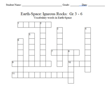 Science Crossword Puzzle: 3 to 6 Grades Earth Space Science Igneous