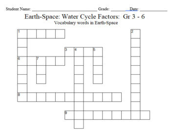 Preview of Science Crossword Puzzle: 3 to 6 Grades – Earth-Space - Water Cycle Factors