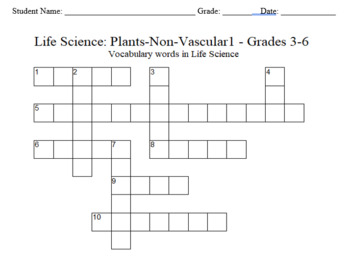 Preview of Science Crossword Puzzle: 3 to 6 Grades - Life Science - Non-Vascular - 1