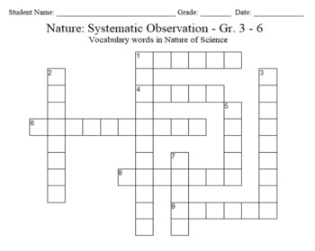 Preview of Science Crossword Puzzle: 3 to 6 Grades – Nature - Systematic Observation