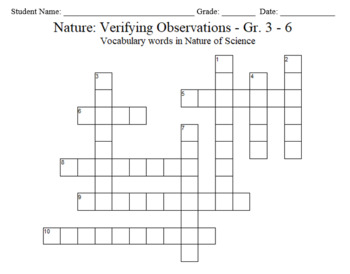 Preview of Science Crossword Puzzle: 3 to 6 Grades – Nature - Verifying Observations