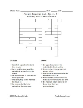 Preview of Science Crossword Puzzle: 3 to 6 Grades – Nature of Science - Material List