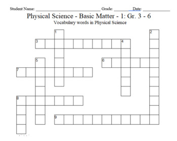 Science Crossword Puzzle: 3 to 6 Grades - Physical Science - Basic