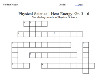 Preview of Science Crossword Puzzle: 3 to 6 Grades - Physical Science - Heat Energy