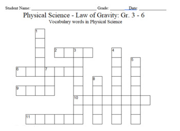 Science Crossword Puzzle: 3 to 6 Grades Physical Science Law of Gravity