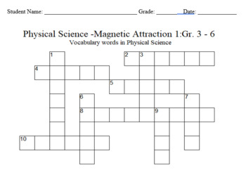 Preview of Science Crossword Puzzle: 3 to 6 Grades - Physical Science-Magnetic Attraction 1