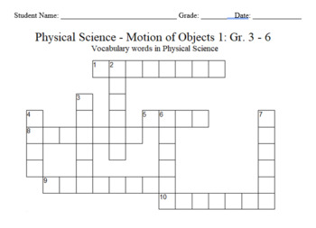 Science Crossword Puzzle: 3 to 6 Grades Physical Science Motion of