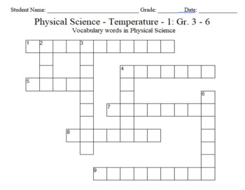 Preview of Science Crossword Puzzle: 3 to 6 Grades - Physical Science - Temperature - 1