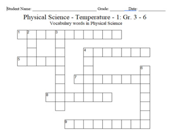 Preview of Science Crossword Puzzle: 3 to 6 Grades - Physical Science  - Temperature - 2