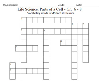 science crossword puzzle 6 to 8 grades life science parts of a cell