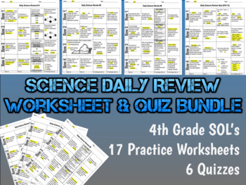 Preview of Science Daily Review Worksheet & Quiz Bundle- 4th Grade SOL's (17 WS, 6 Quizzes)