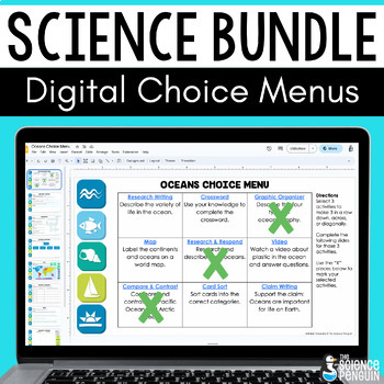 Preview of Science Choice Menu Board BUNDLE | End of Year Science Review Digital Resources