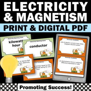 Preview of Electricity and Magnetism Physical Science 5th 6th Grade Vocabulary Task Cards