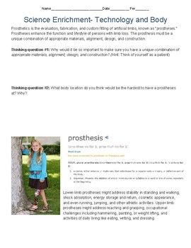 Preview of Science Enrichment Prosthetics, Biotechnology and Questions