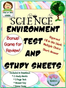 Preview of Science Environment / Ecosystem Test for 2nd or 3rd Grade / Bonus Review Game!