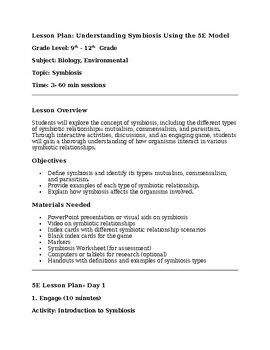 Preview of Science Environmental Biology Symbiosis 3 day Lesson Plan 5E Lesson, Activity