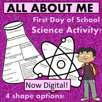 Preview of Science All About Me FLASK+ First Day of School activity with 4 shape options