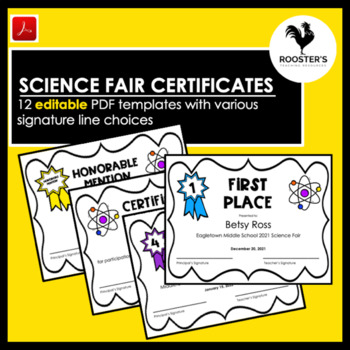 Preview of Science Fair Certificates - Editable PDF
