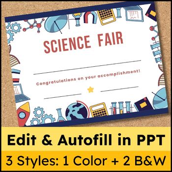 Preview of Science Fair Certificates and Participant Awards - Edit & Autofill Names in PPT