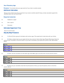 Preview of Science Fair Project Idea Sheet - Your Planetary Age Planets Space Solar System