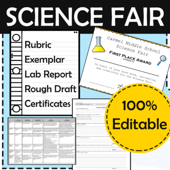 Preview of Science Fair Rubric, Exemplar, Lab Report Rough Draft, and Winner Certificates