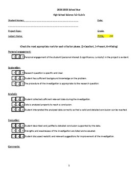 Preview of Science Fair Rubric for High School