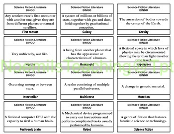 science fiction bingo flash cards vocabulary