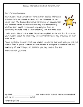Preview of Science Interactive Notebook Parent Letter
